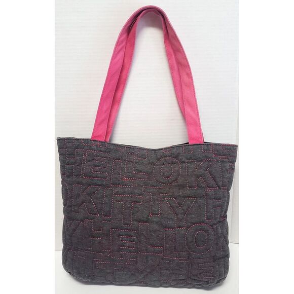 VTG Y2K Hello Kitty Shoulder Bag Grey/ Pink Quilted Raised Embroidery Tote Bag - Picture 2 of 12